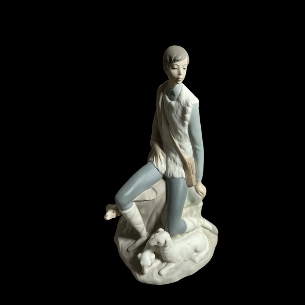 Vintage NAO Lladro Bisque Porcelain Matte Figurine Shepherd Boy Dog Hound Lamb